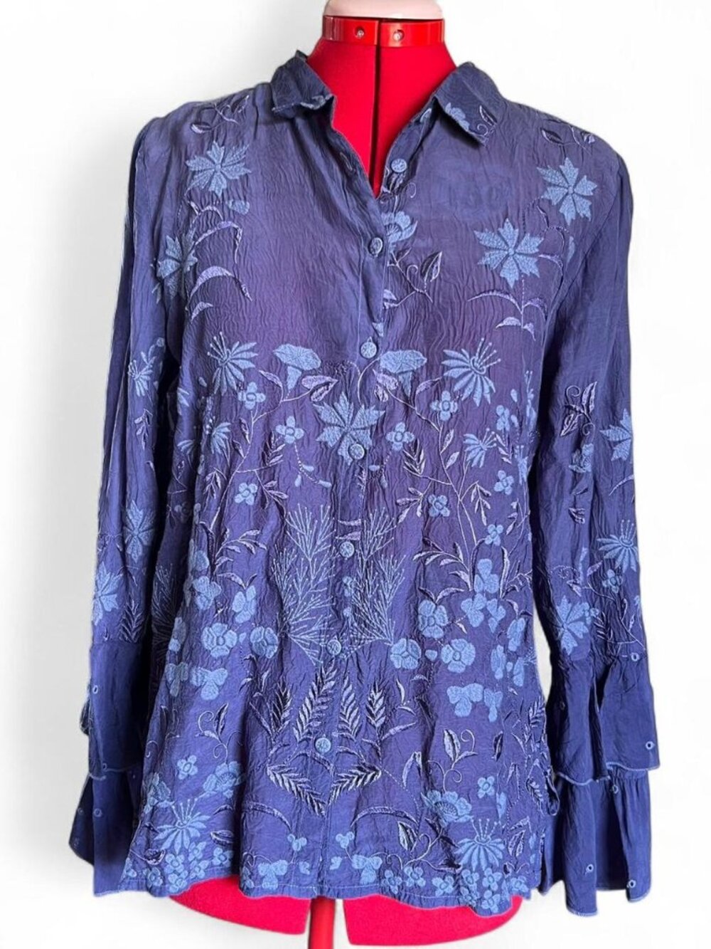 Johnny Was Astrid Embroidered Floral Tiered Sleeve Blouse Small NWT Deep Colbalt